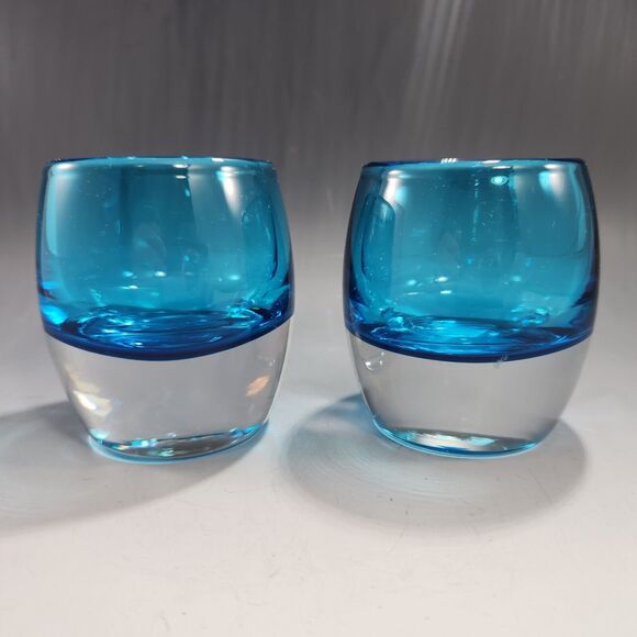 NEW Crate & Barrel Thick Turquoise Votive Holders Set 2 Clear Glass Base Poland - Picture 1 of 7